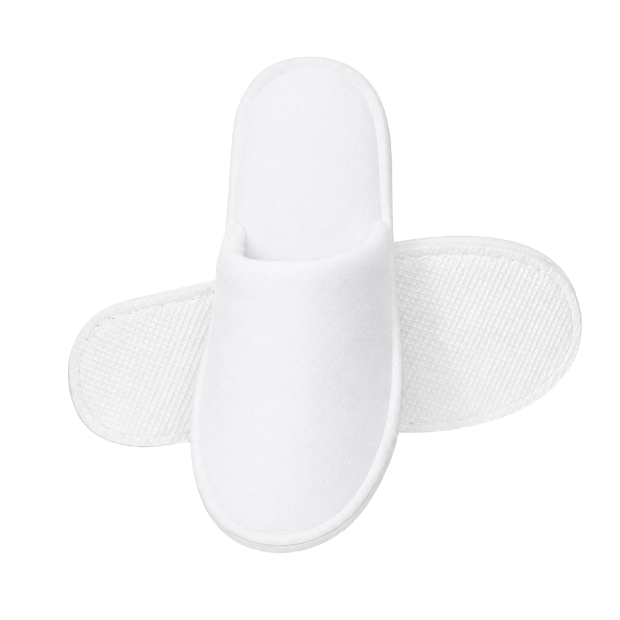 White fleece custom hotel slipper, front view, ready for embroidered logo
