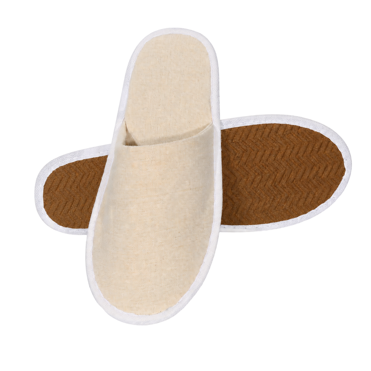 Natural eco linen custom hotel slipper, front view, ready for embroidered logo