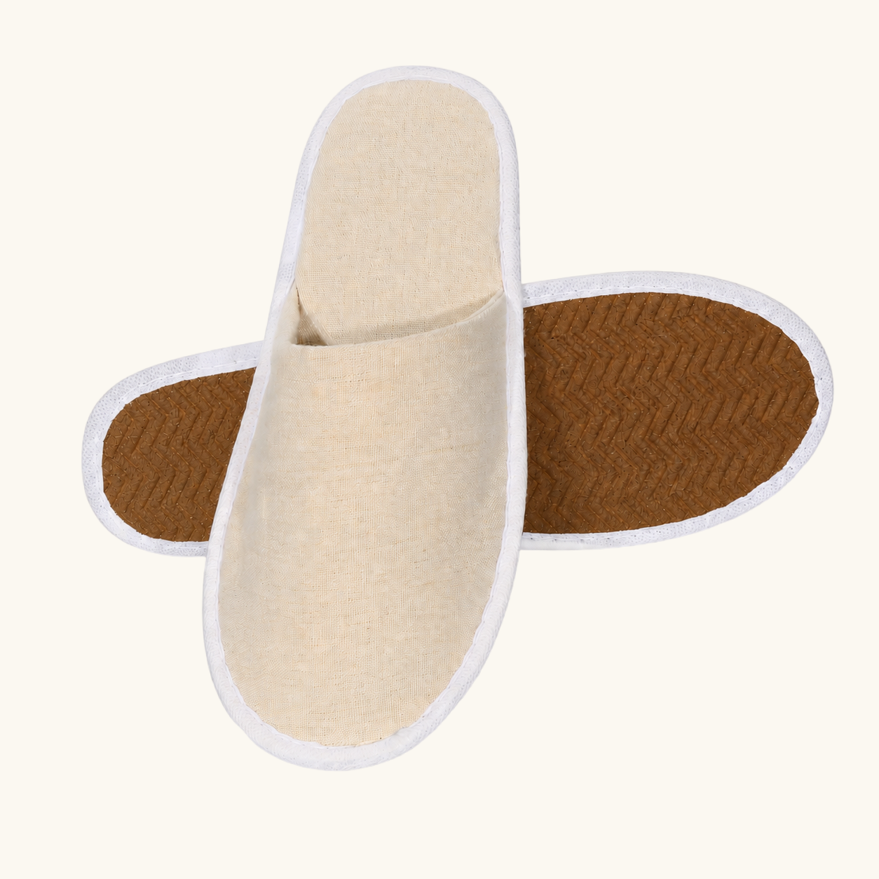 Bulk eco linen hotel slippers with cork sole and embroidered logo