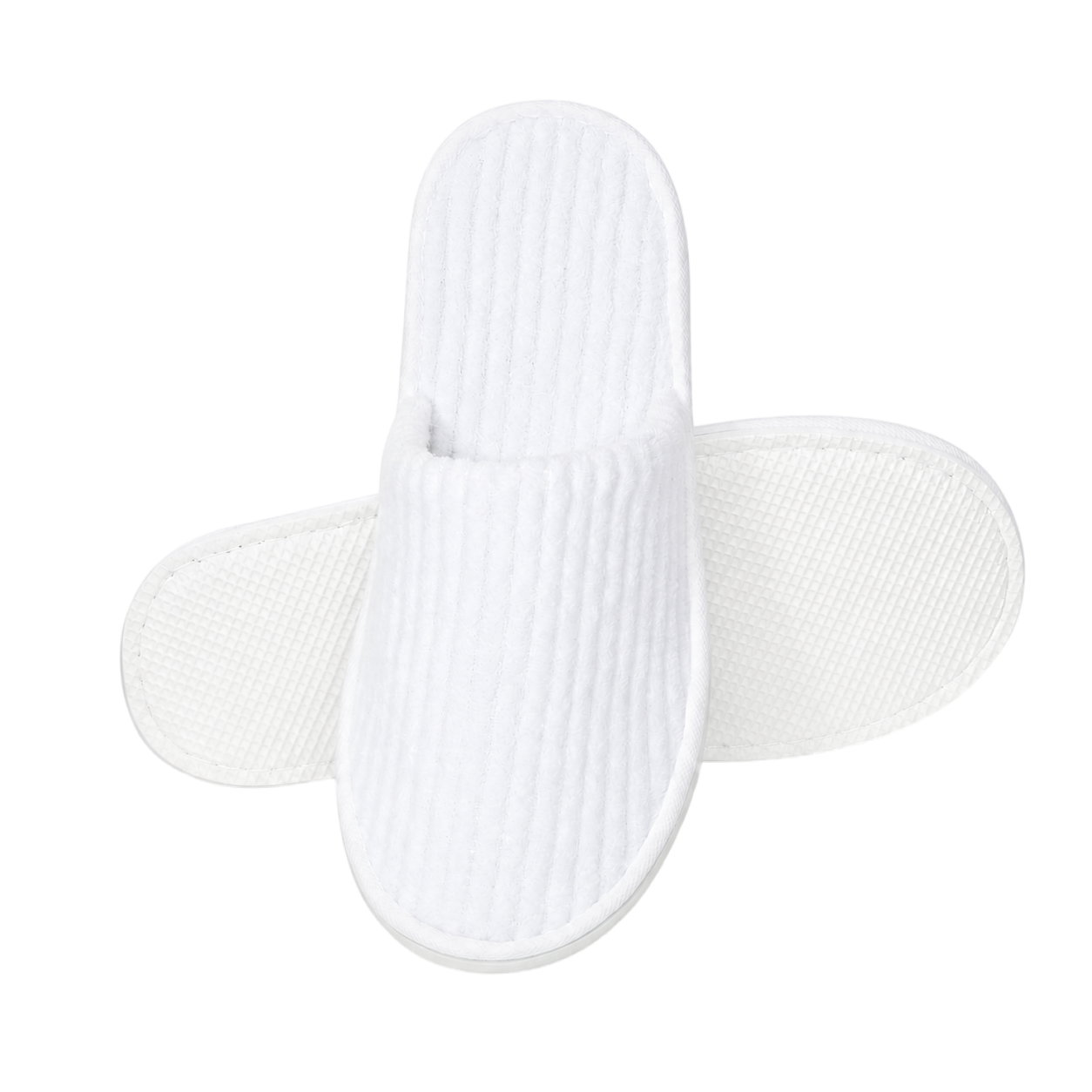 Ribbed terry custom hotel slipper, front view, ready for embroidered logo