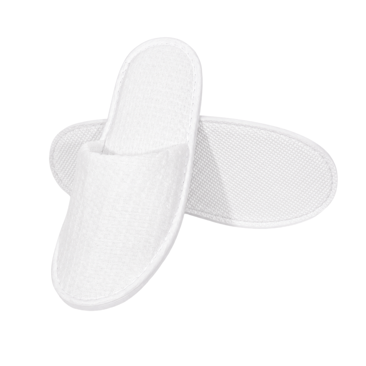White waffle-weave custom hotel slipper, front view, ready for embroidered logo